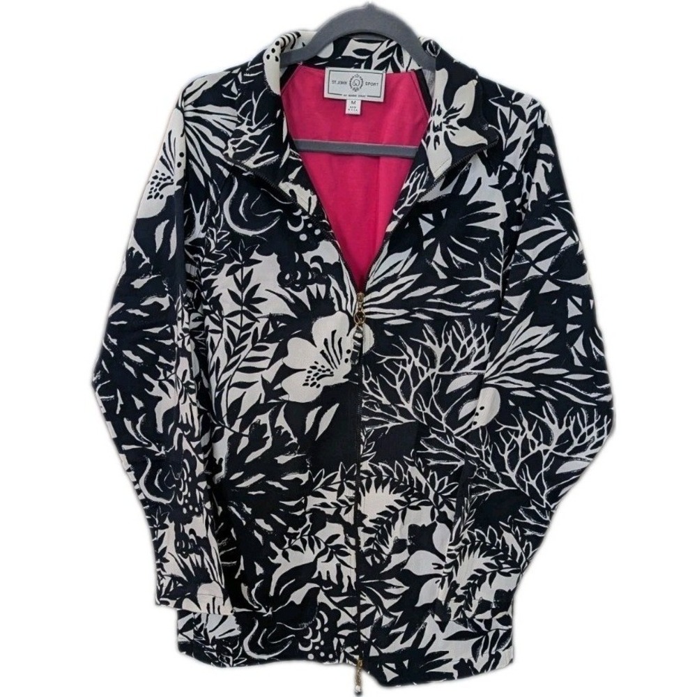 St John Sport Marie Gray M Black White Floral Zip Up Jacket mid length gilmore